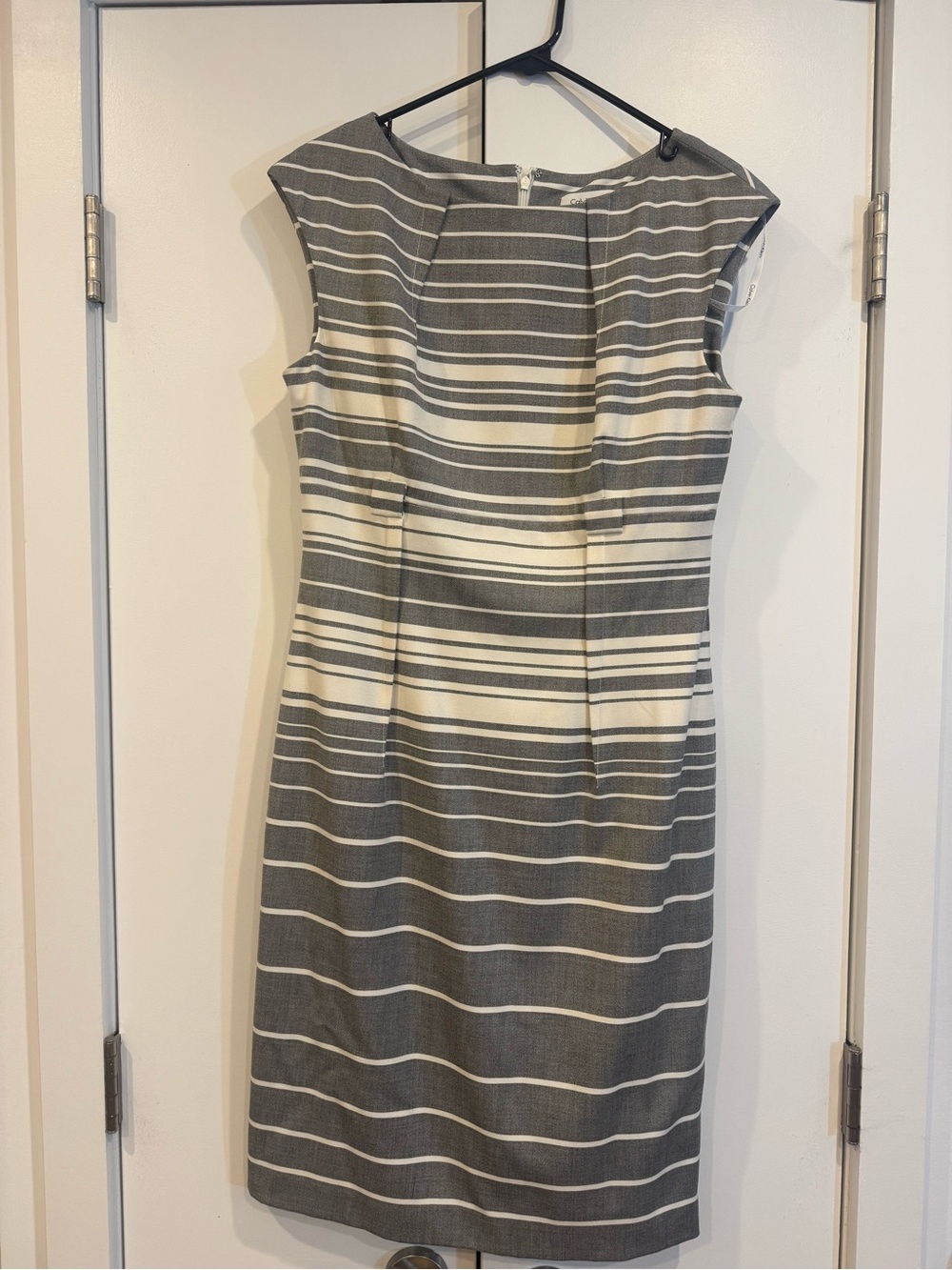 Calvin Klein Gray and White Striped Midi Sheath Dress: Size 8